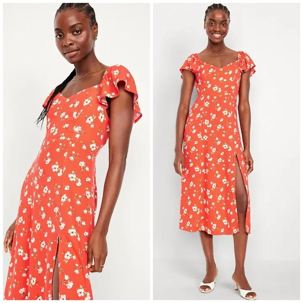 Old Navy Floral Midi Dress XL Red Sweetheart Flutter Sleeve Cottagecore Boho